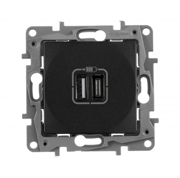 Розетка USB type-C + A, Etika, двойная, антрацит